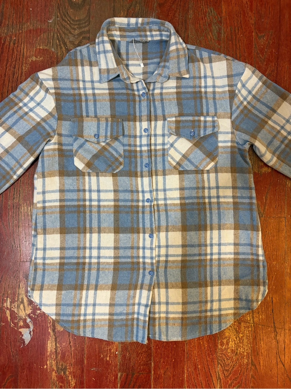 Simplee Apparel Blue, Brown & Cream Plaid Button-Down Shirt